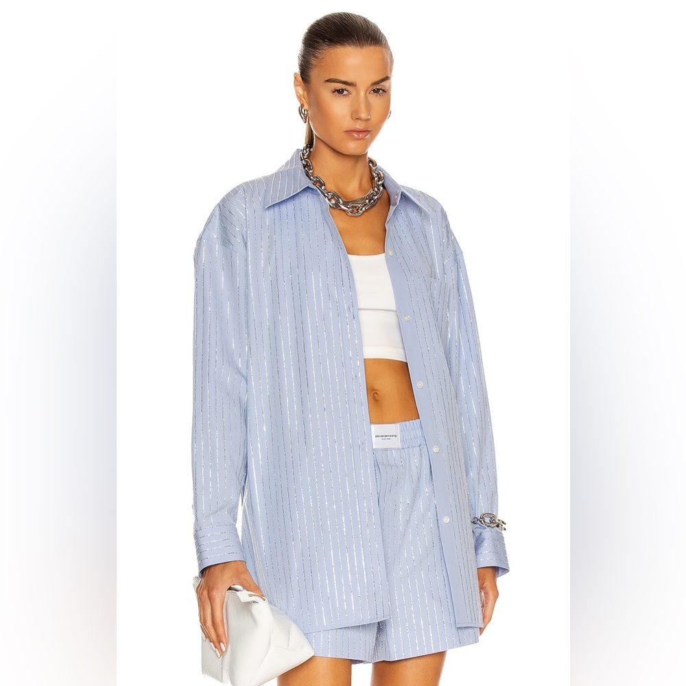 Like new Alexander Wang Crystal Hotfix Long Sleeve Button Down Shirt L $695